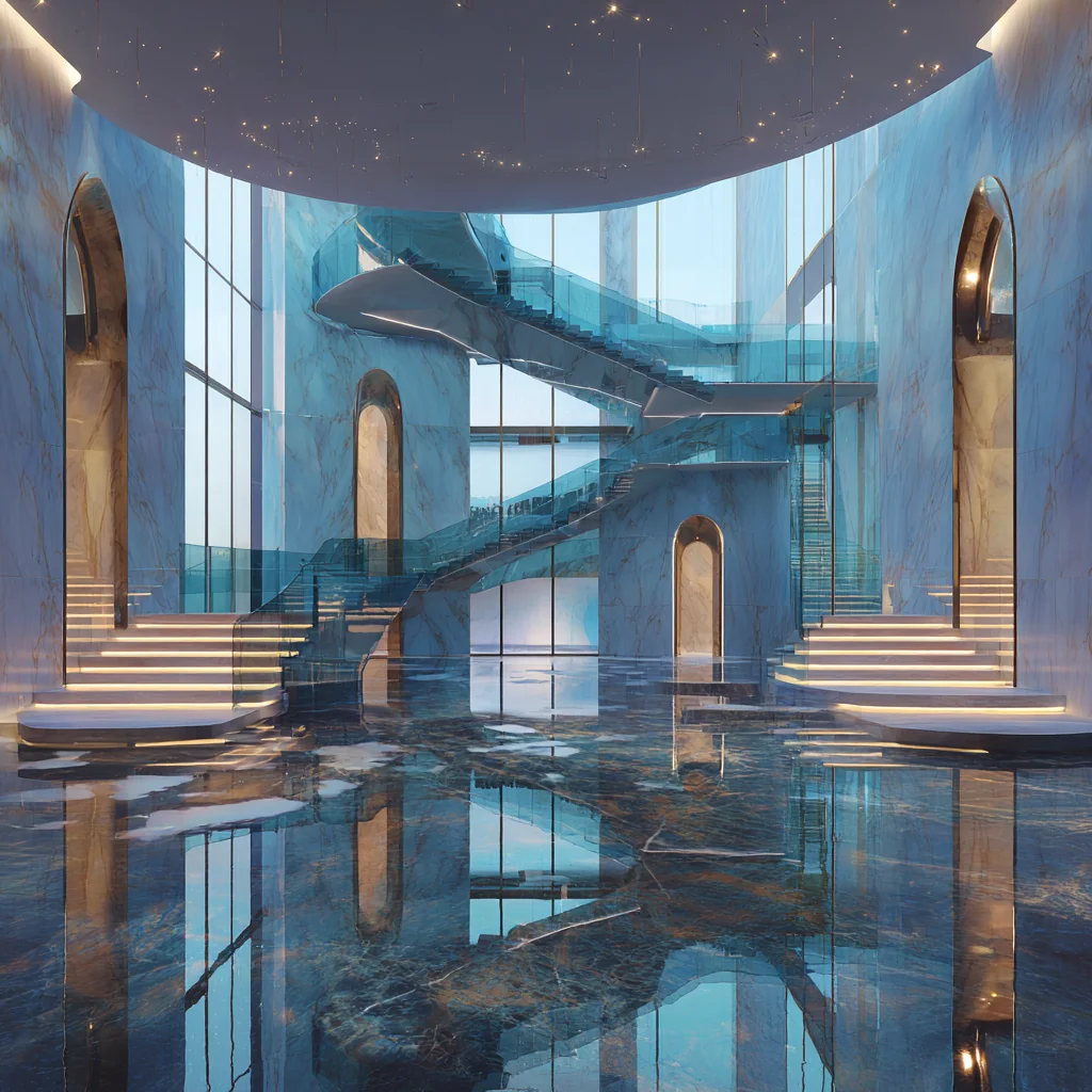An opulent interior lobby of blue marble with floating glass staircases and arched doorways illuminated by warm light.
