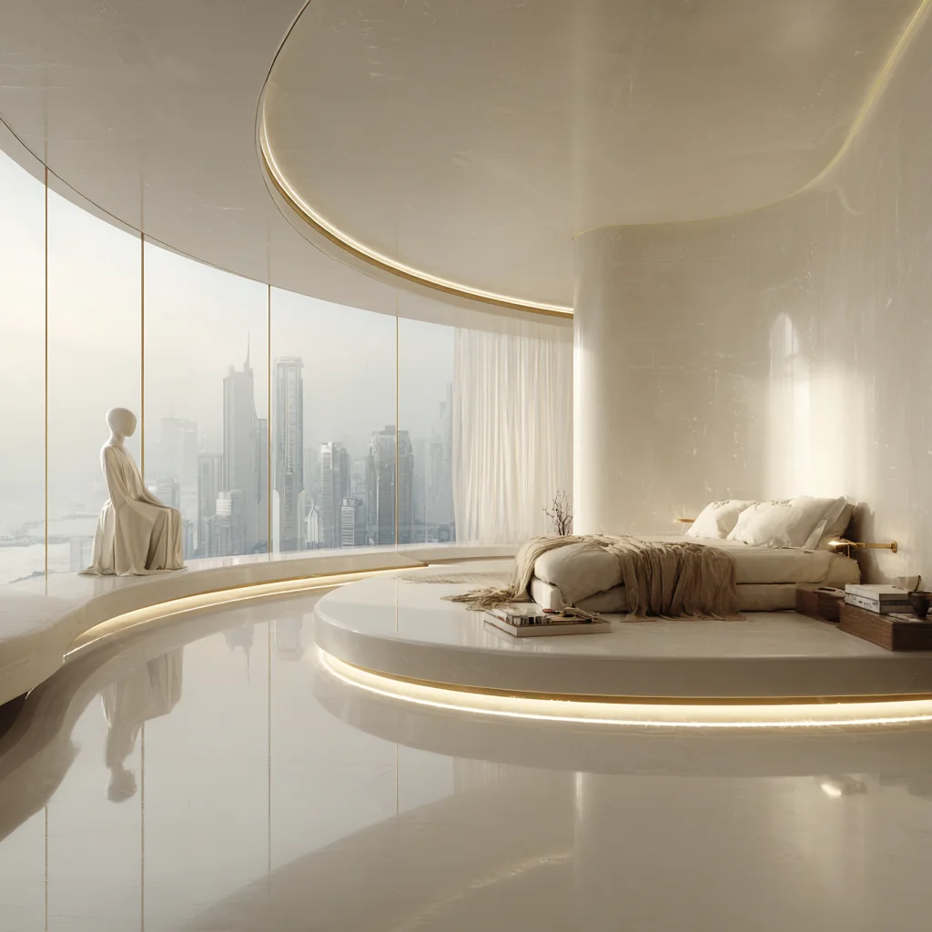 A minimalist white marble bedroom with curved architecture, floor-to-ceiling windows, and a futuristic city skyline beyond.