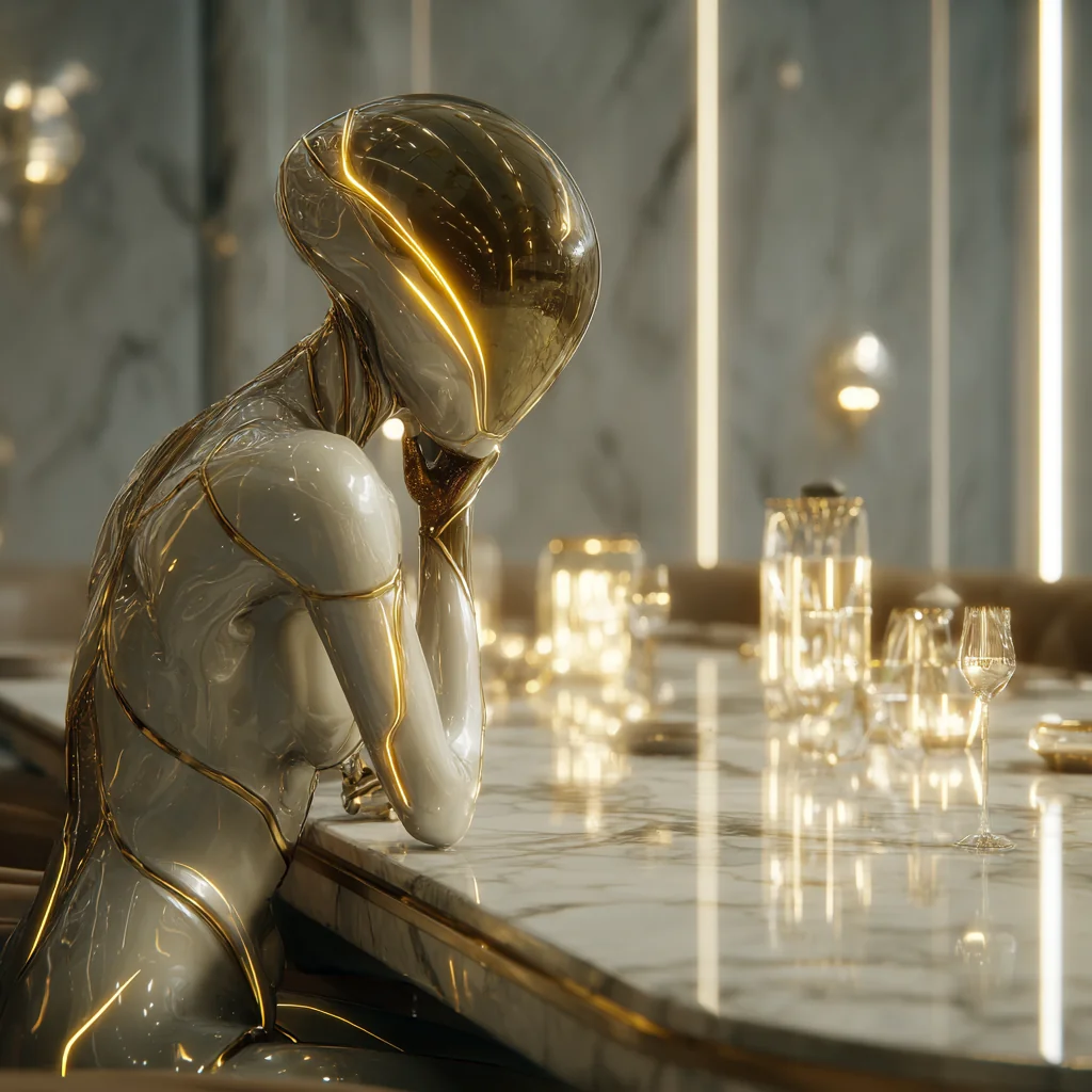 A translucent, gold-accented alien seated at a marble dining table surrounded by glassware and glowing lights.