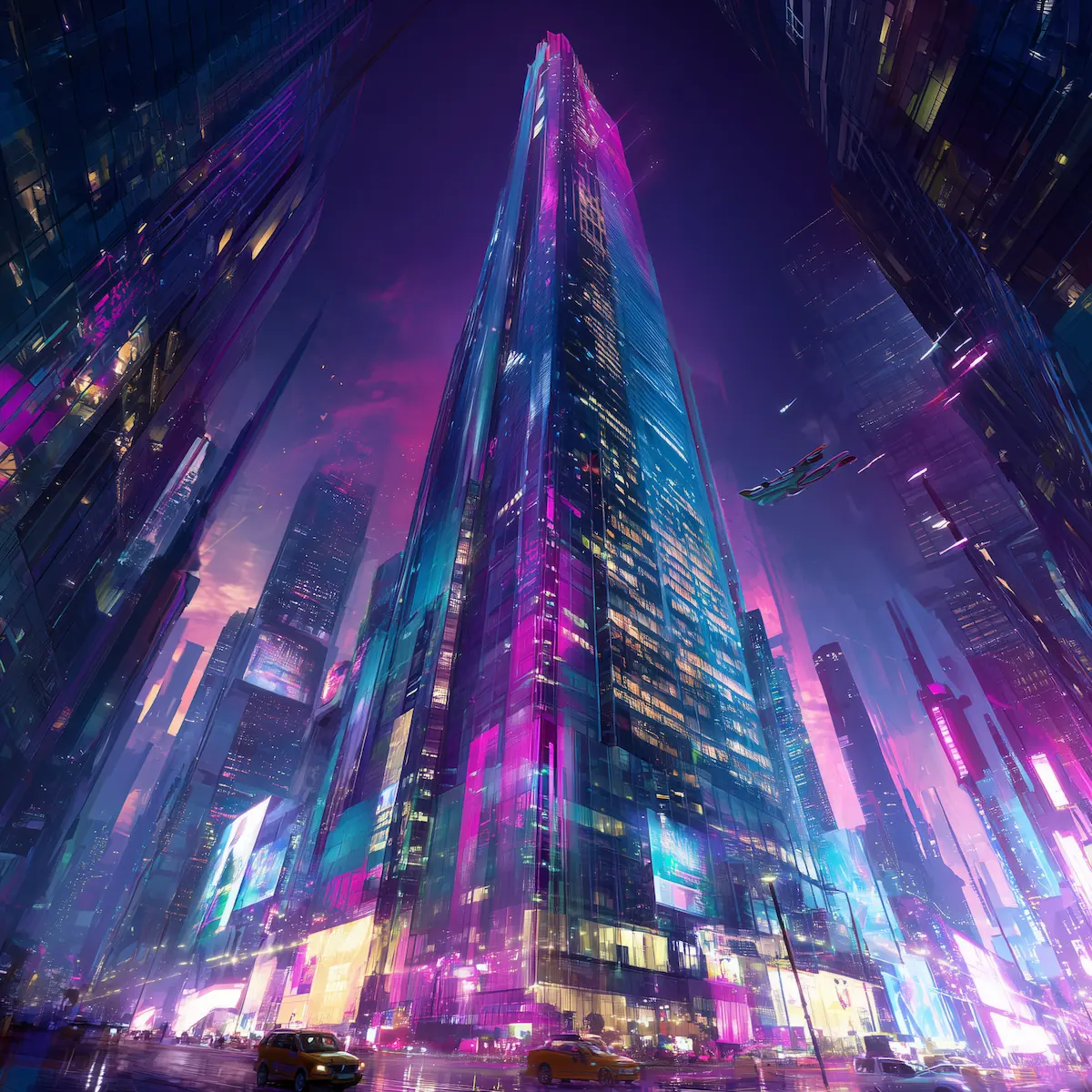 A towering neon skyscraper bathed in pink, purple, and cyan light, flying vehicles streaking through the night sky above a futuristic city.  