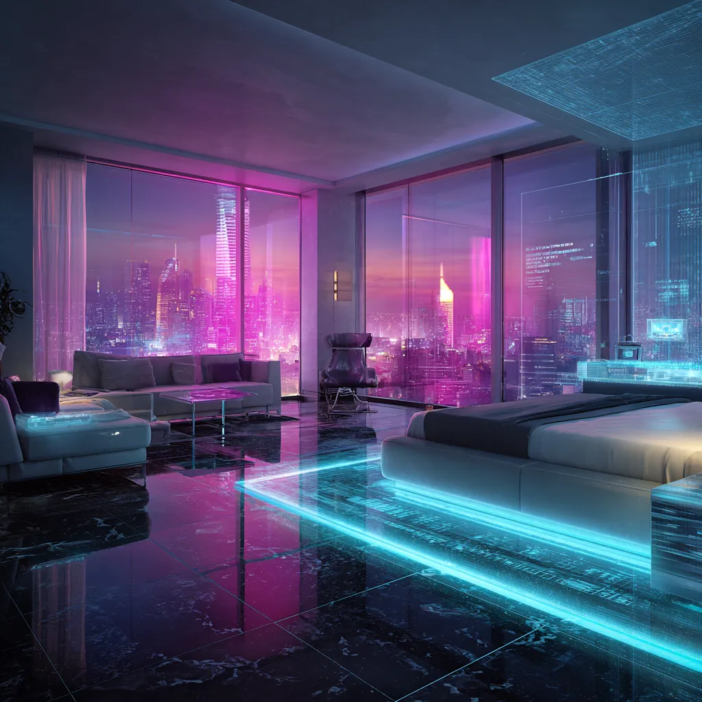 Luxury hotel suite overlooking a futuristic skyline, with black marble floors, neon-blue lighting accents, and panoramic glass walls.  