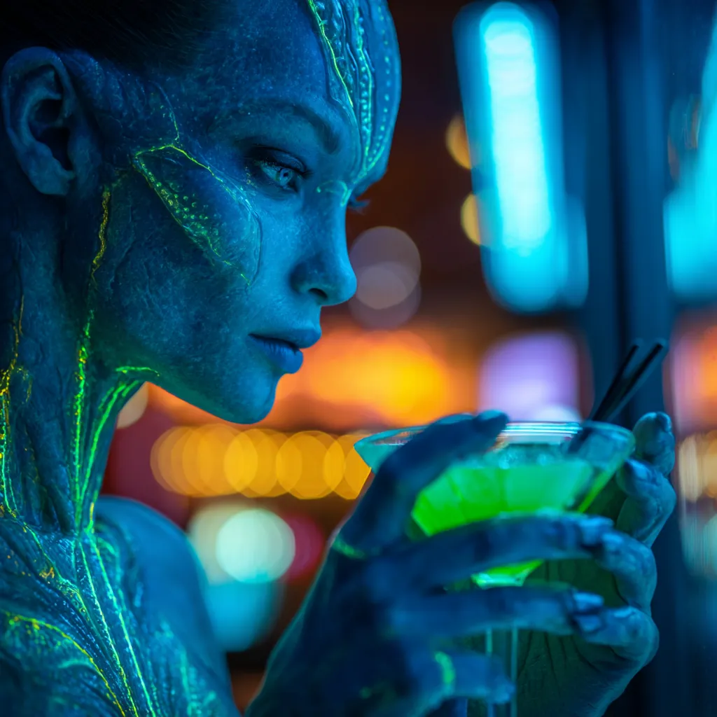 Close-up of a luminous blue alien woman holding a glowing green cocktail, neon lights reflecting across her face and glass.  