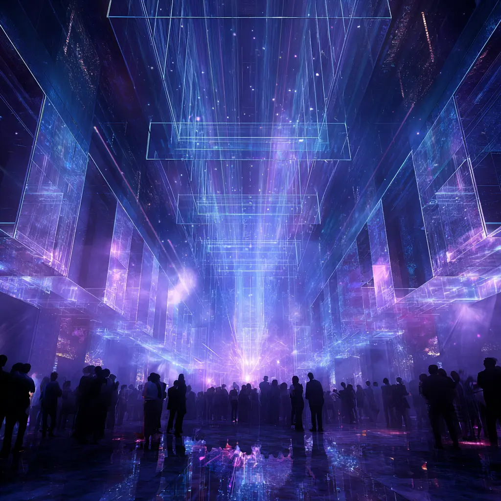 Crowd gathered beneath towering holographic light grids in a vast neon-lit hall, beams of violet and blue cascading through the air.  