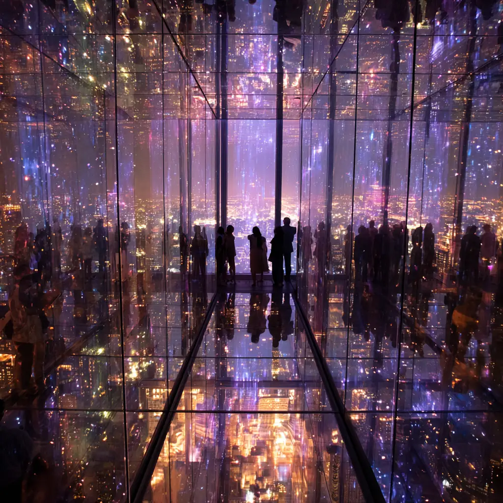 Visitors standing inside a mirrored observation deck with endless reflections of a glowing cityscape below.  