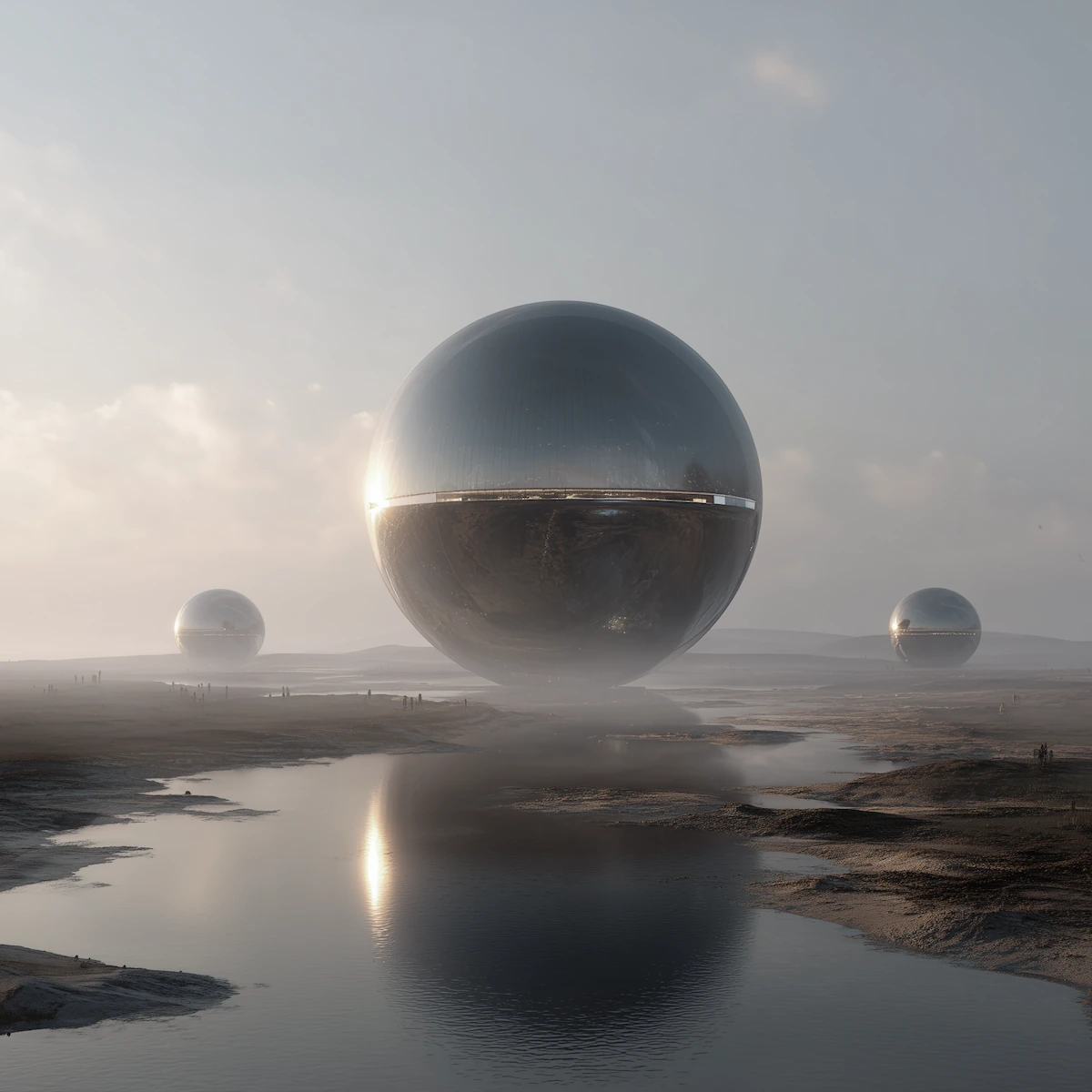 Futuristic hotel composed of large reflective spheres hovering over a barren landscape with water reflections and soft morning light.