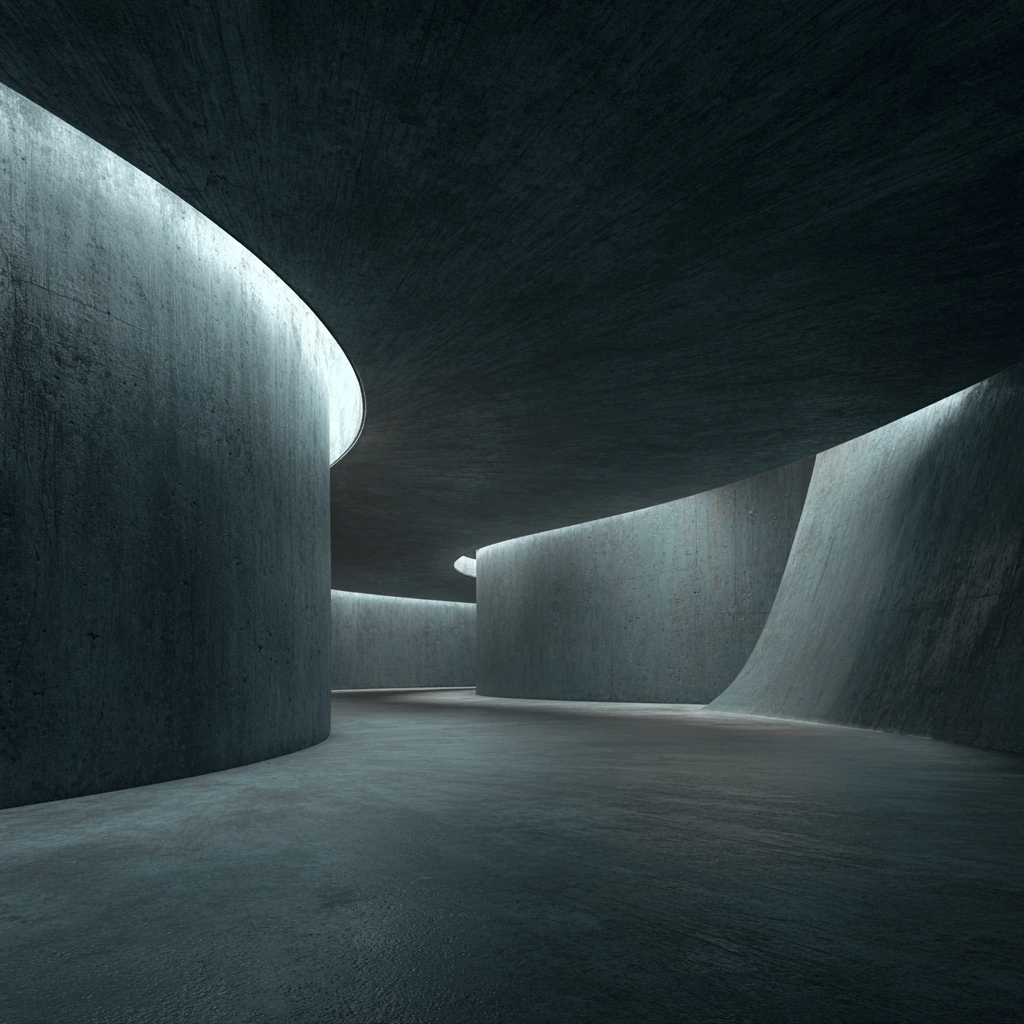 Long curved concrete hallway with subtle lighting strips and no decoration, evoking calm futuristic emptiness.