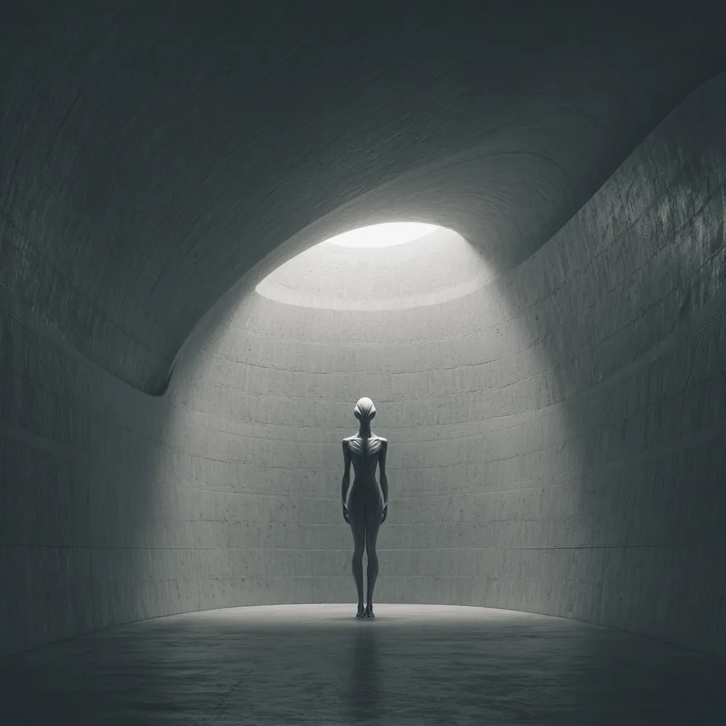 Minimalist concrete chamber with curved walls and a single beam of light illuminating a sleek alien figure standing in silence