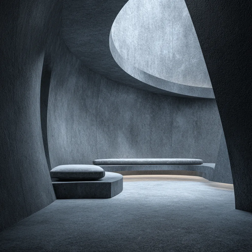 Ultra-minimalist hotel room with smooth grey concrete surfaces, curved architecture, and a recessed skylight casting diffuse light.