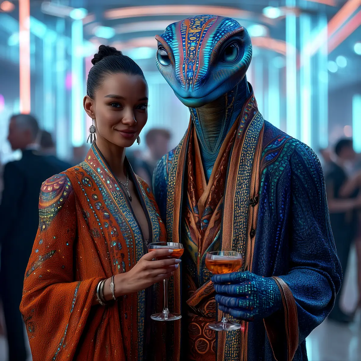 A woman and a blue alien wearing coordinated patterned clothing hold drinks together in a modern lounge with glowing blue lights