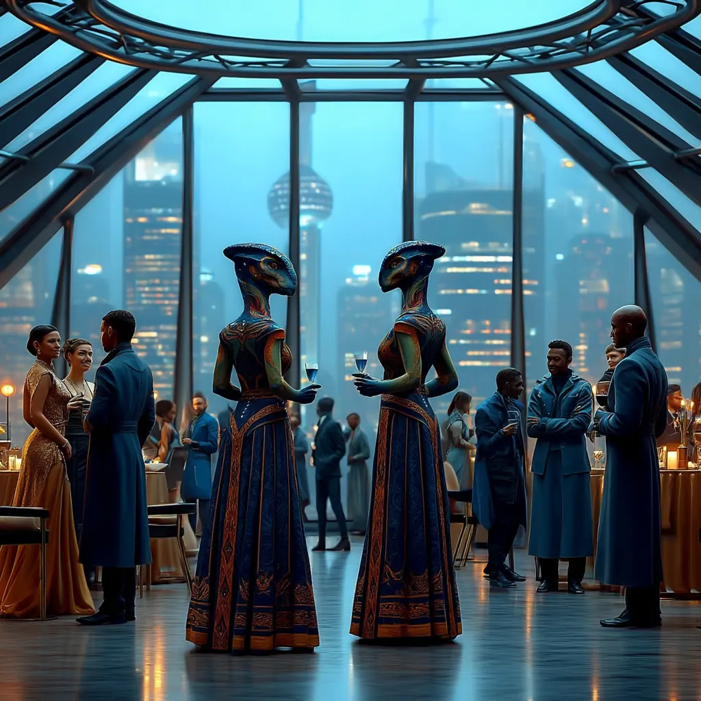 Humans and blue aliens mingle in a glass-walled lounge high above a futuristic city skyline at night