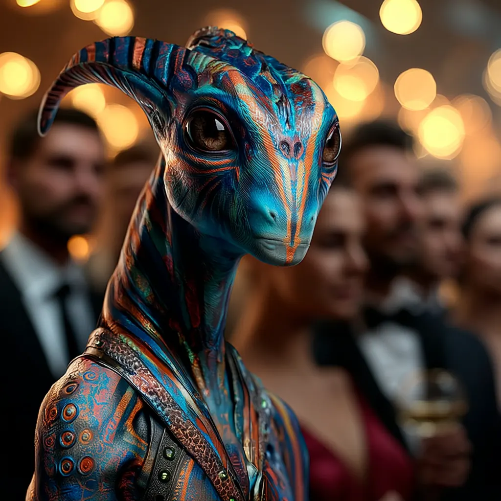 A blue and orange alien with patterned skin stands among elegantly dressed humans at a formal event with warm lights in the background