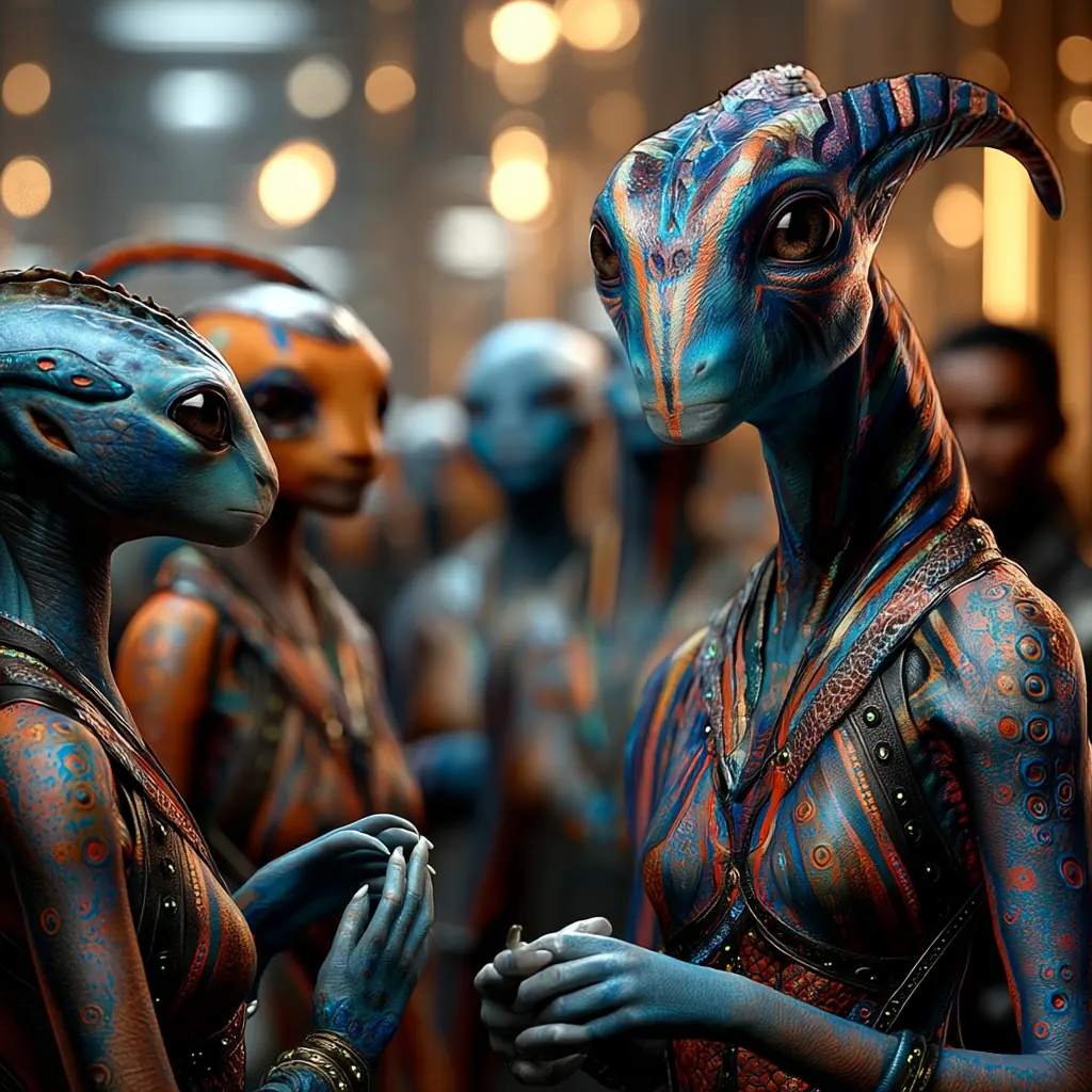 Two blue aliens in ornate attire talk together in a softly lit hall surrounded by guests