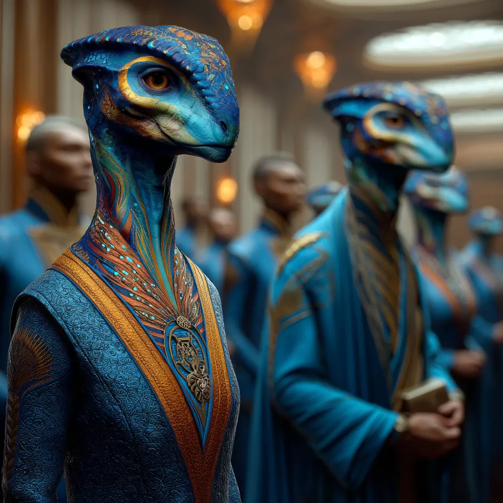 A group of blue and gold robed aliens stand in formation inside a grand ceremonial hall with warm lighting