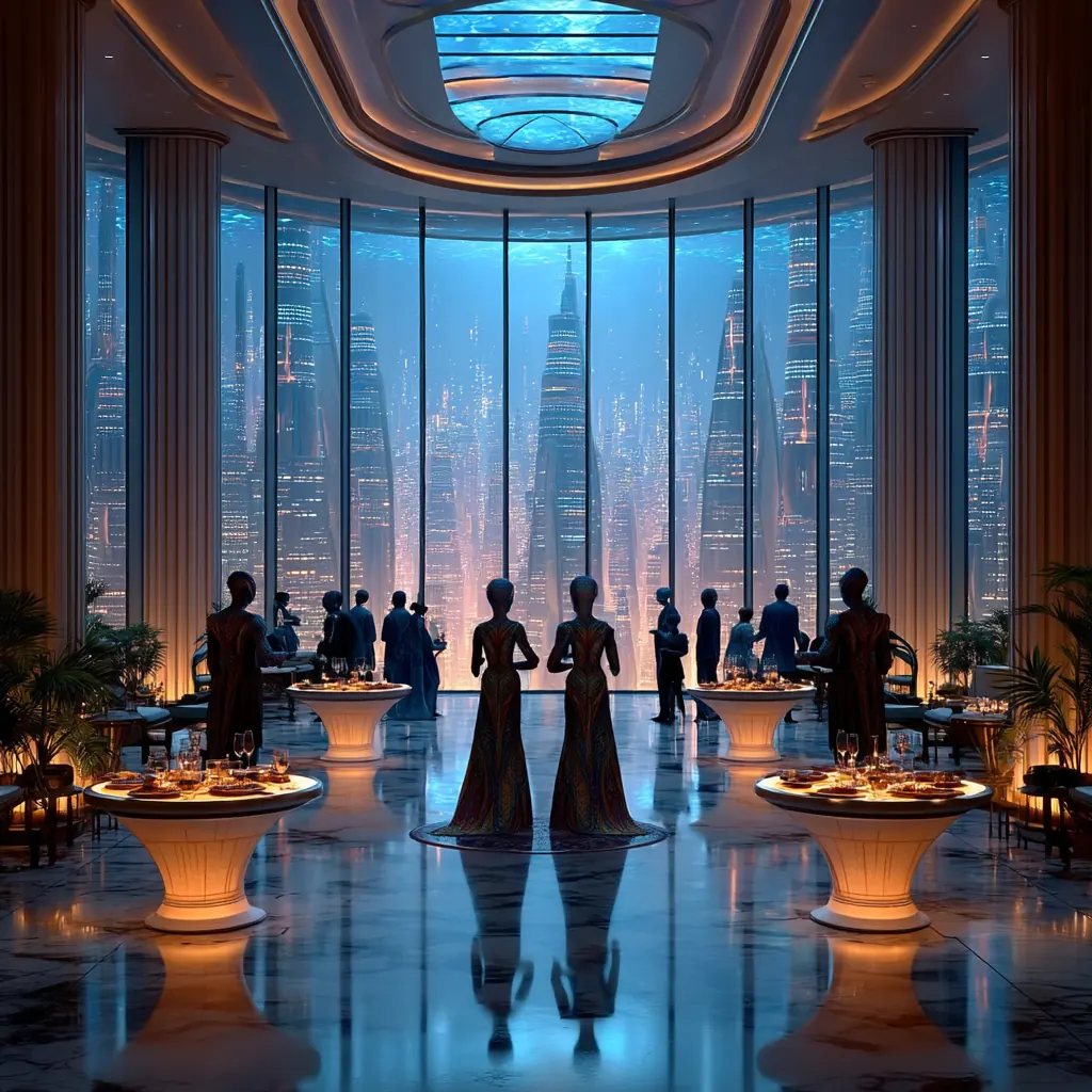 Guests gather in a luxurious ballroom with tall windows overlooking glowing towers as blue aliens and humans socialize under soft ambient light
