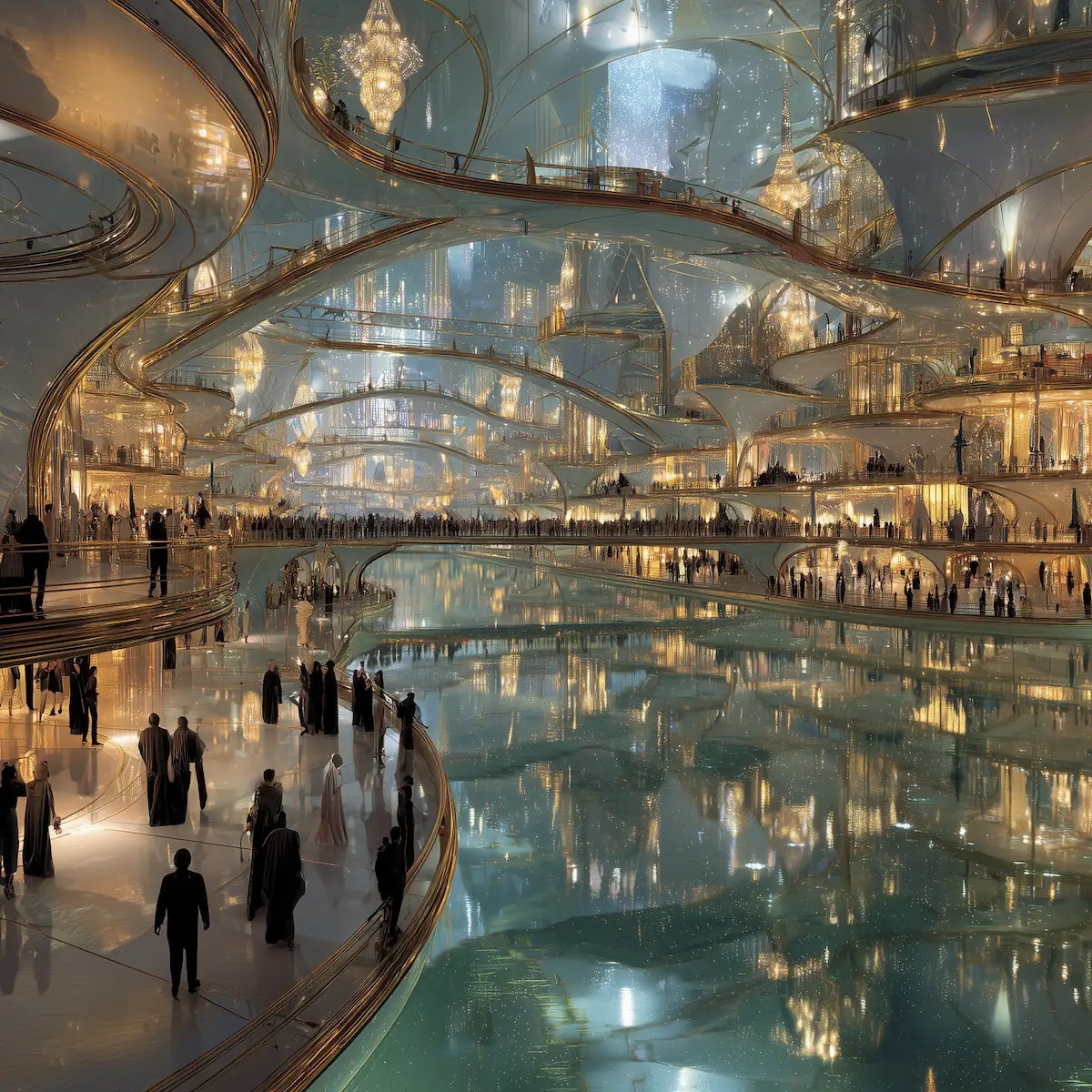 A vast multi-level shopping hall filled with golden balconies and mirrored pools, where visitors stroll beneath towering arches of light and glass.