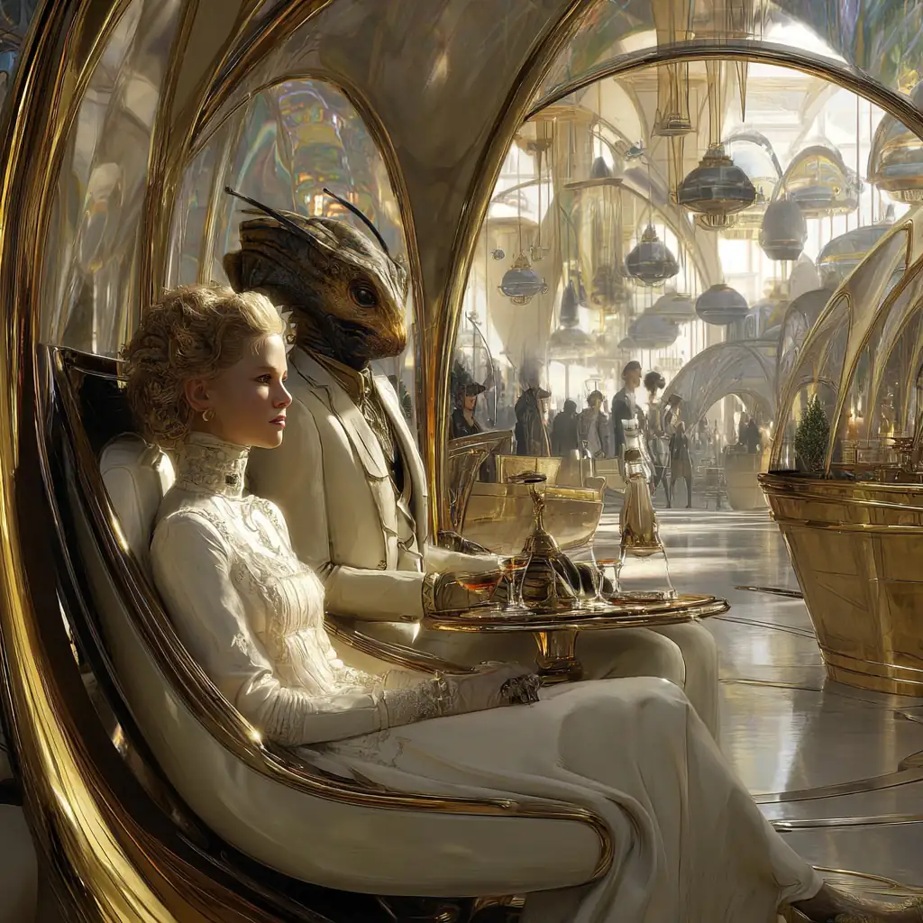 An elegantly dressed woman and her alien chauffeur seated in a gold-lined hover carriage, overlooking the glowing luxury corridors of the Infinite Market.