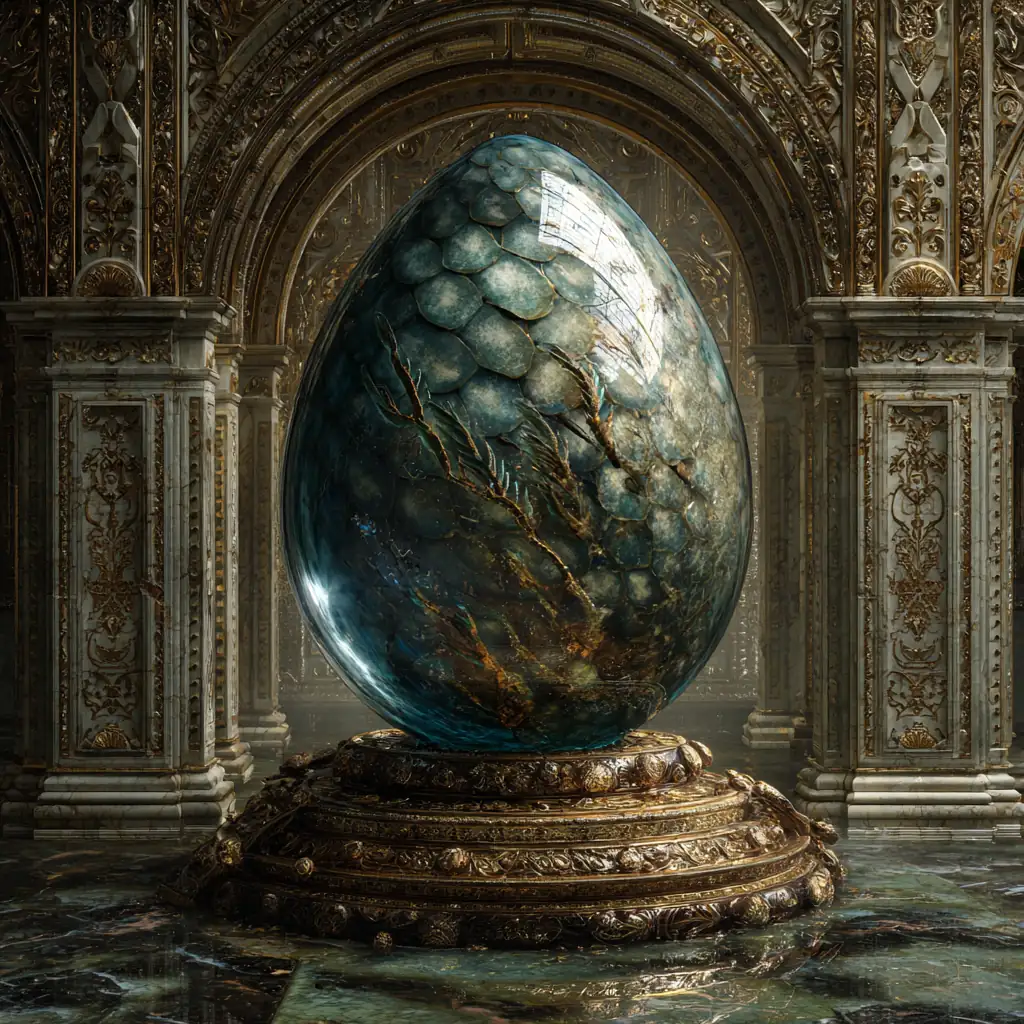 A translucent dragon egg displayed on an ornate pedestal, its scaled surface faintly revealing the silhouette of a baby dragon inside.