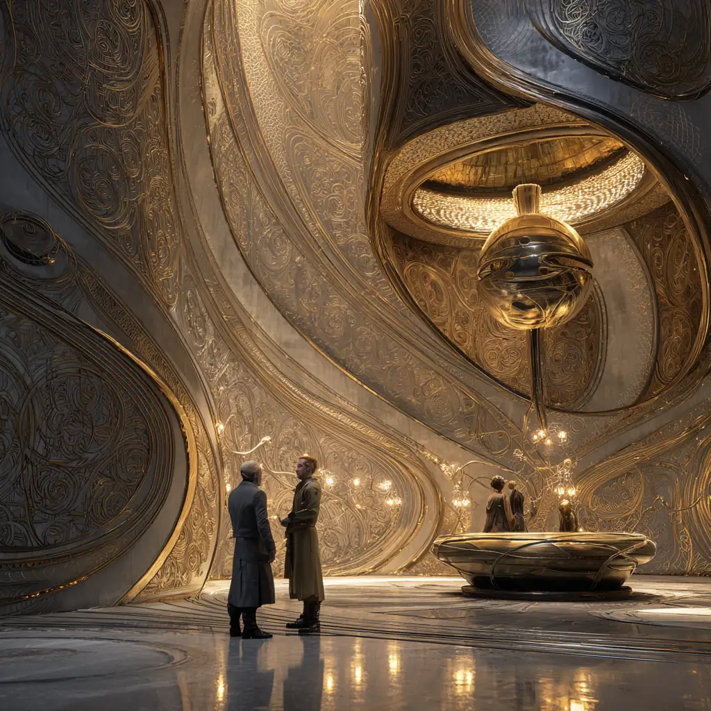 Two well-dressed visitors conversing beneath a sweeping gilded dome, surrounded by intricate metallic architecture and suspended light sculptures.