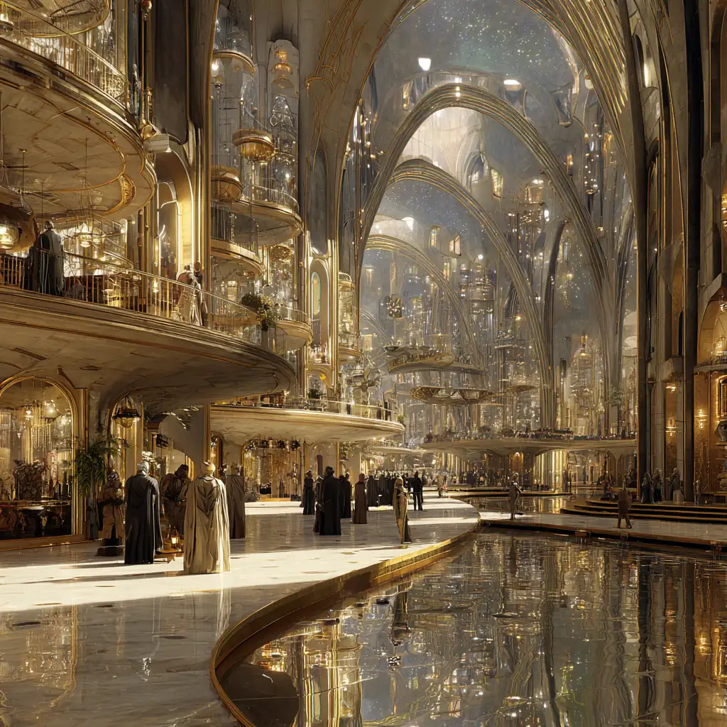 Crowds wander the lower terraces of the Infinite Market, their reflections shimmering across the golden canals beneath vaulted arches.