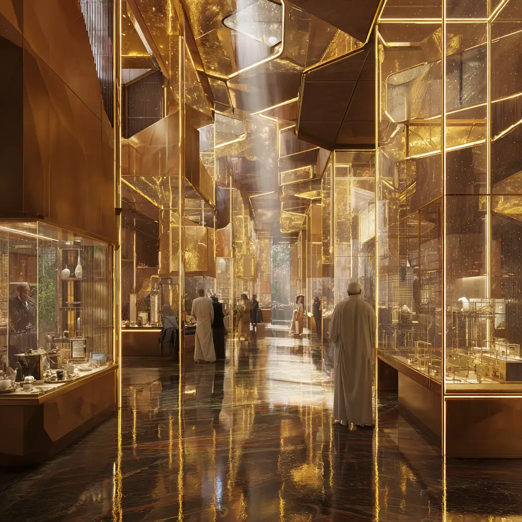 A radiant shopping arcade lined with golden display cases and marble floors, illuminated by beams of warm light filtering through crystalline walls.