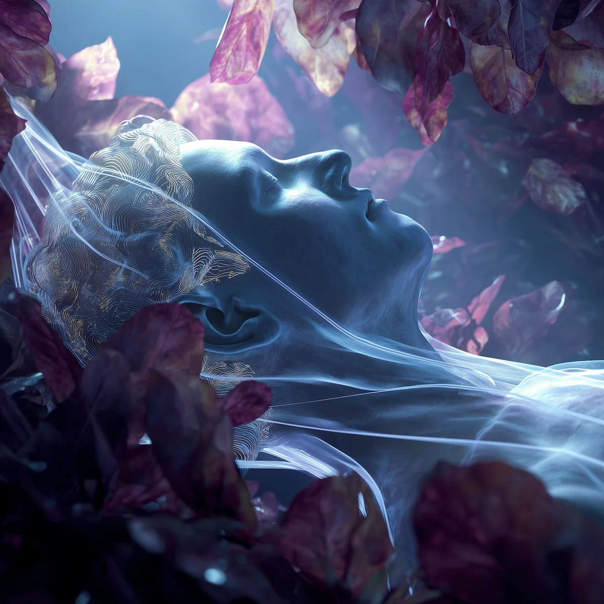 A serene figure lies among deep violet leaves, their skin softly glowing blue as translucent threads of light drift from their form.