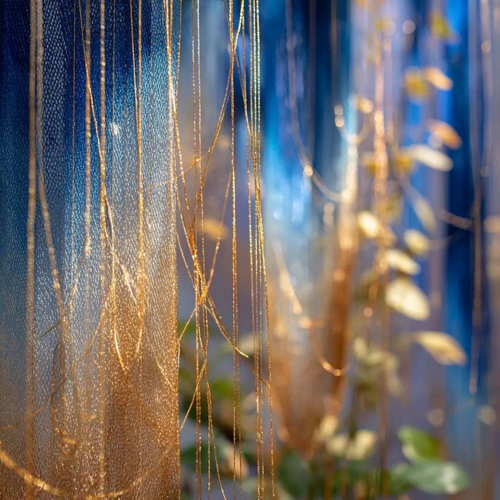 Close-up of shimmering blue and gold filaments suspended in air, gently glowing against a backdrop of soft light and greenery.
