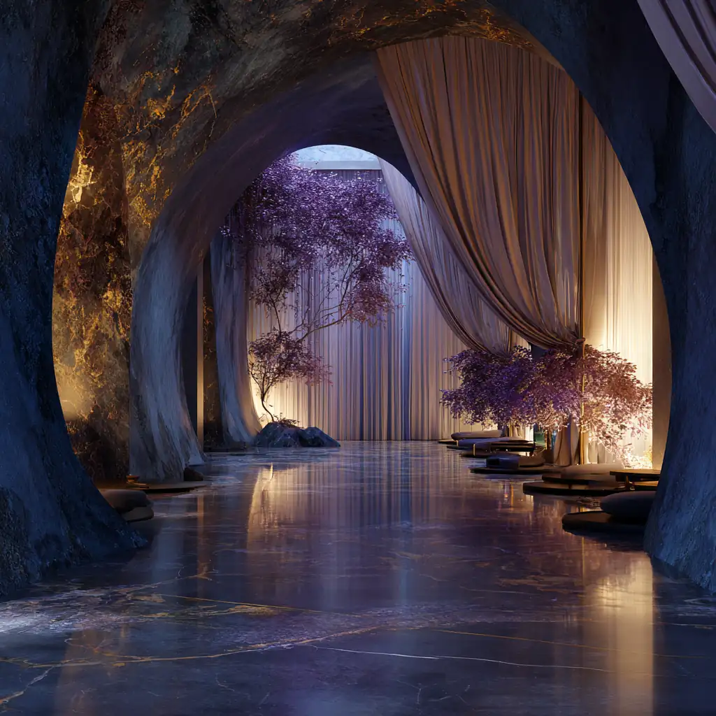 An elegant entry corridor lined with violet trees and flowing silk drapes, softly illuminated in gold and blue tones.