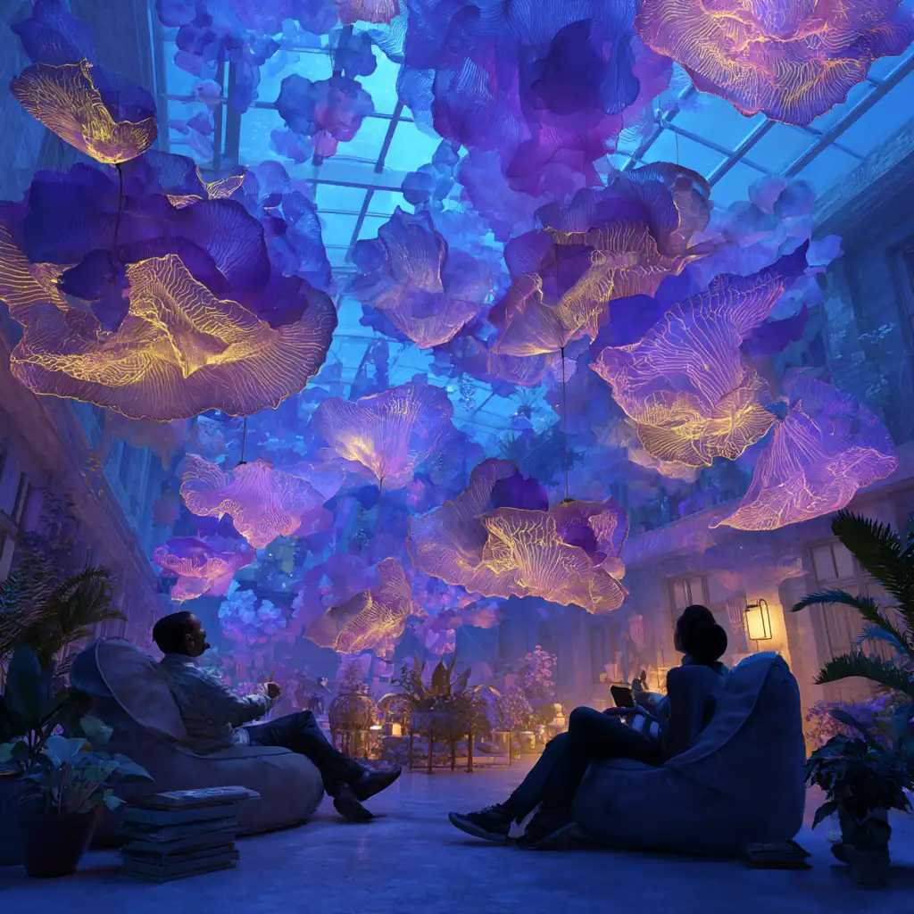 Guests recline beneath floating violet and gold organic forms that glow like luminous petals inside a tranquil glass-roofed space.