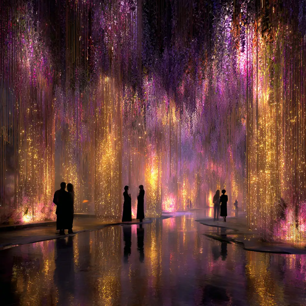 Guests walk through a vast bioluminescent hall filled with cascading strands of golden and violet light reflecting on the floor’s surface.