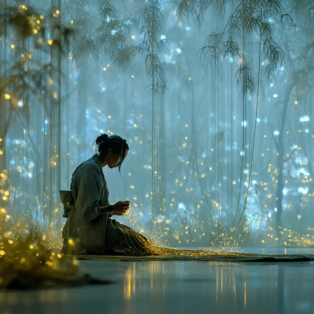 A seated figure works quietly amid hanging strands of golden light in a misty, ethereal environment filled with calm energy.