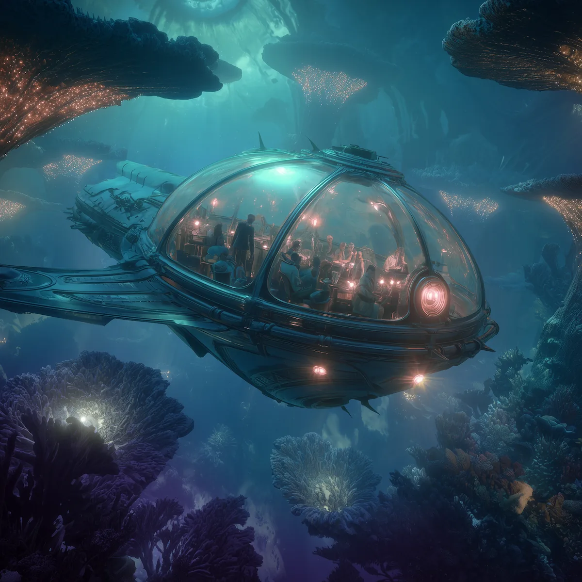 A futuristic glass vessel carrying passengers moves through the deep ocean, surrounded by glowing coral structures and illuminated sea life.