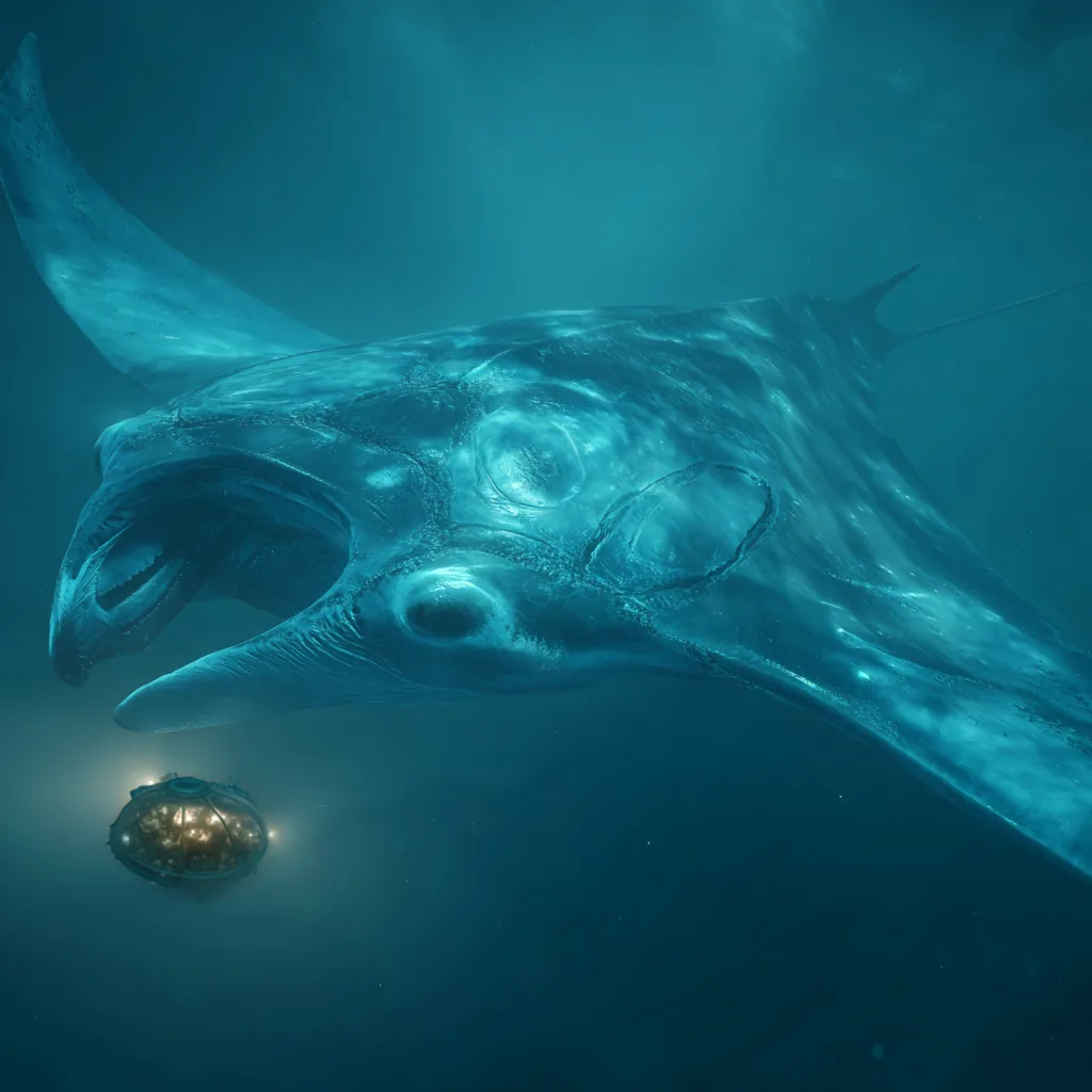 A massive whale-like alien creature with sweeping fins looms beside a small glass exploration vessel in the deep ocean.
