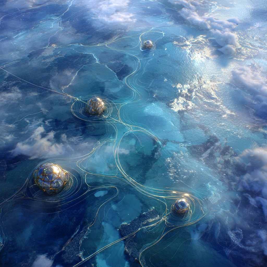 Glass domed stations dot the surface of a vast blue ocean.