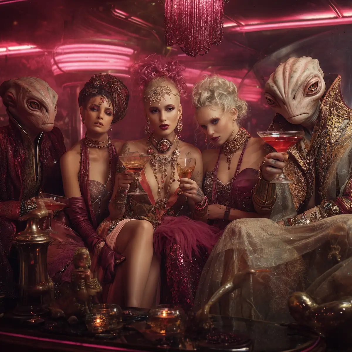 A group of glamorous humans and aliens pose in a velvet lounge, wearing jeweled couture and intricate headpieces under magenta lighting.