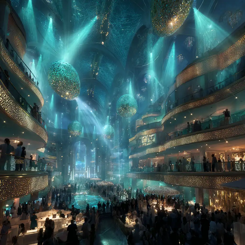An enormous multi-level nightclub bathed in turquoise light, crowds of elegantly dressed guests mingle beneath floating orbs and shimmering architectural arches.
