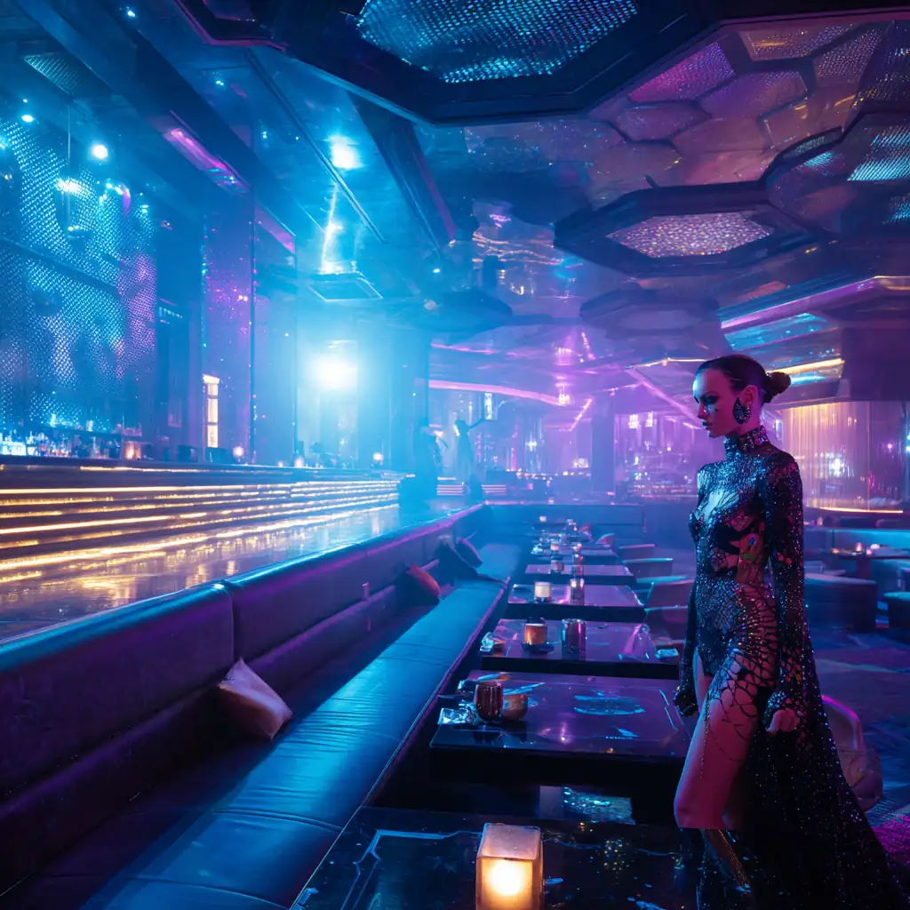 A lavish futuristic nightclub interior glowing with gold and teal light, filled with sleek glass tables and soft seating beneath a faceted crystalline ceiling.