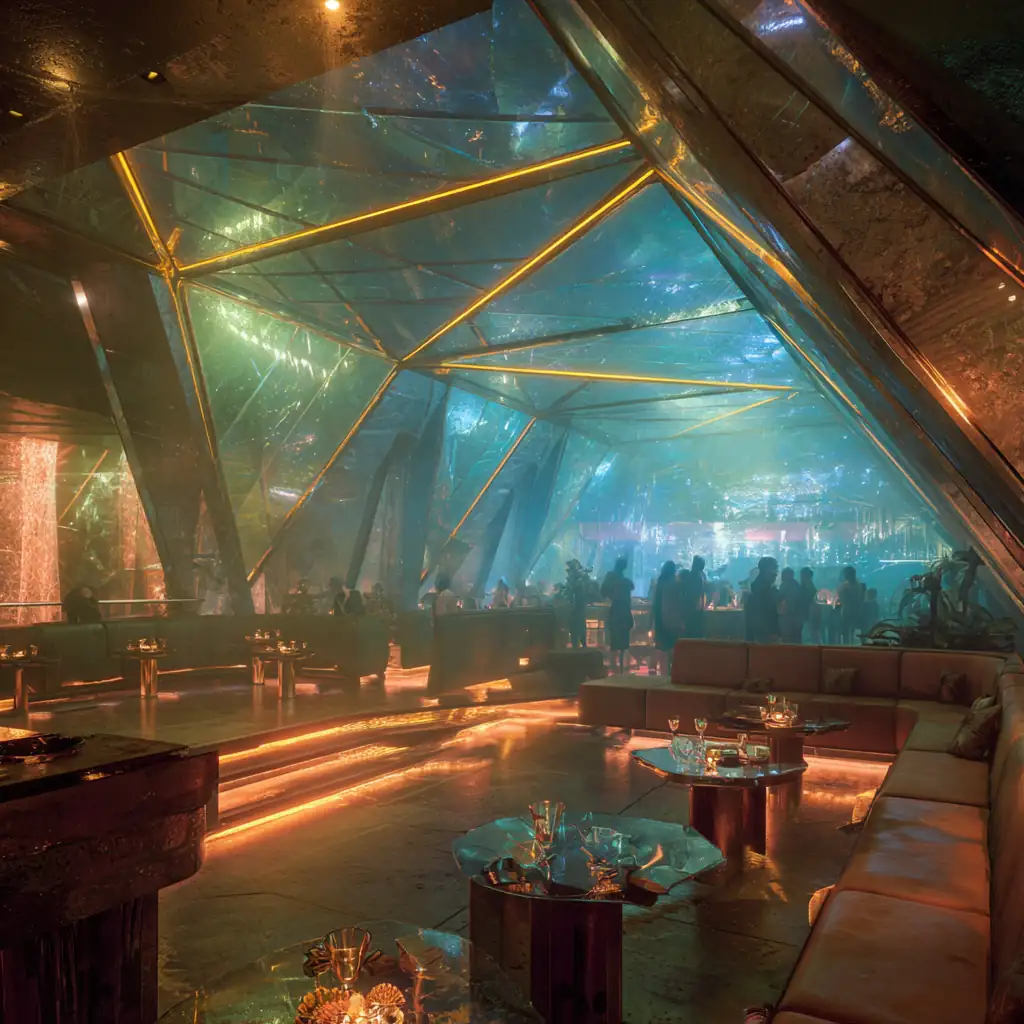 A grand nightclub lounge with prismatic walls and golden beams, guests relaxing in low booths surrounded by glowing amber reflections.