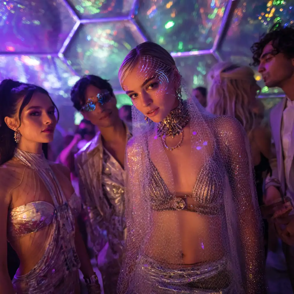 Four stylish clubgoers in metallic and sheer fabrics stand close together under violet and green lights, their faces adorned with glittering accessories.