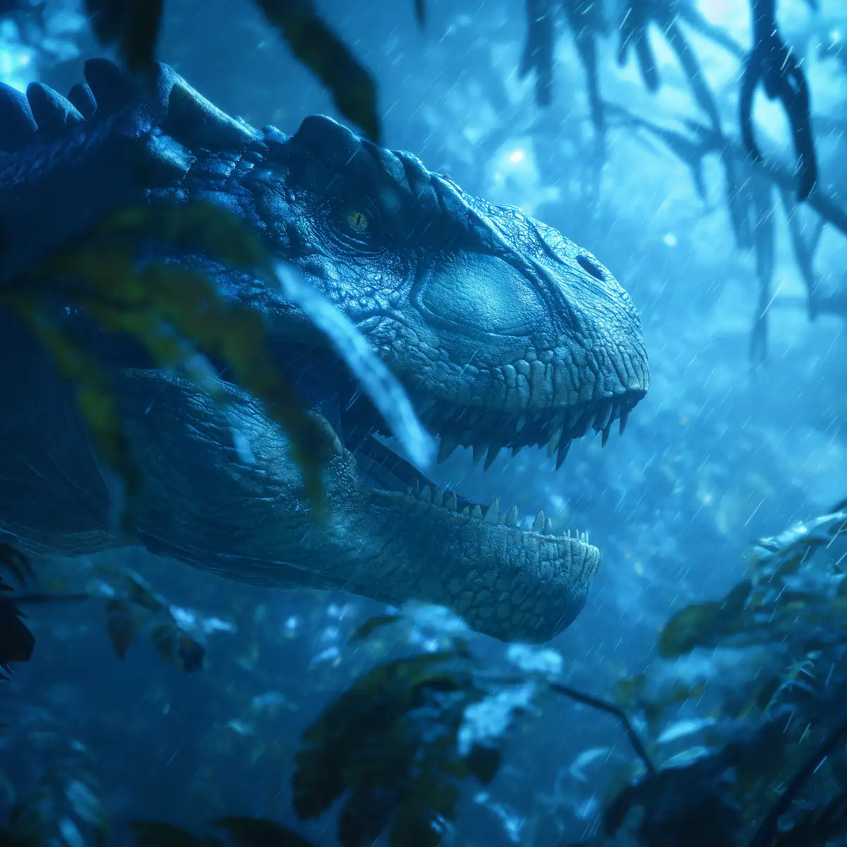 Close-up of a massive dinosaur-like creature with jagged teeth emerging from thick jungle foliage under blue stormlight, rain falling across its scaly face.