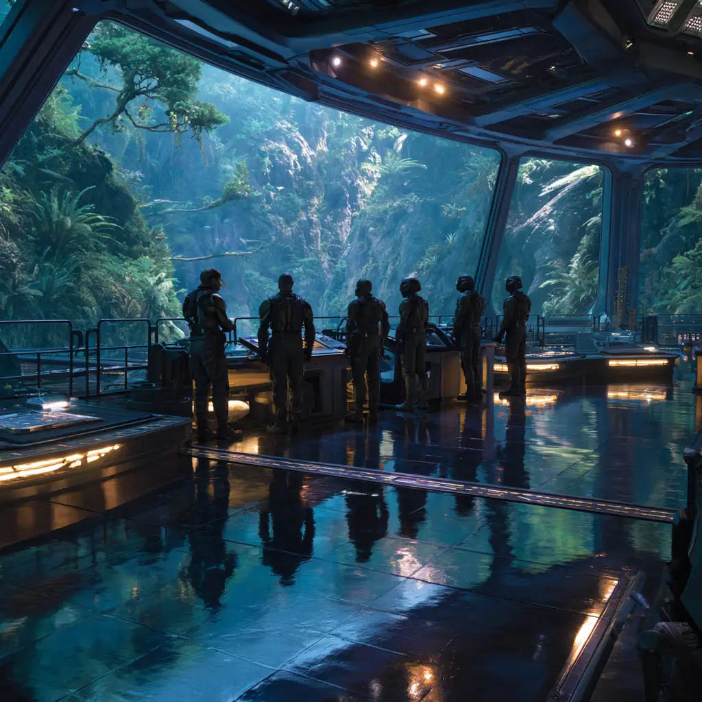 Group of explorers in armored suits standing inside a futuristic observation deck, looking out over a lush blue-lit alien jungle filled with mist and towering trees.