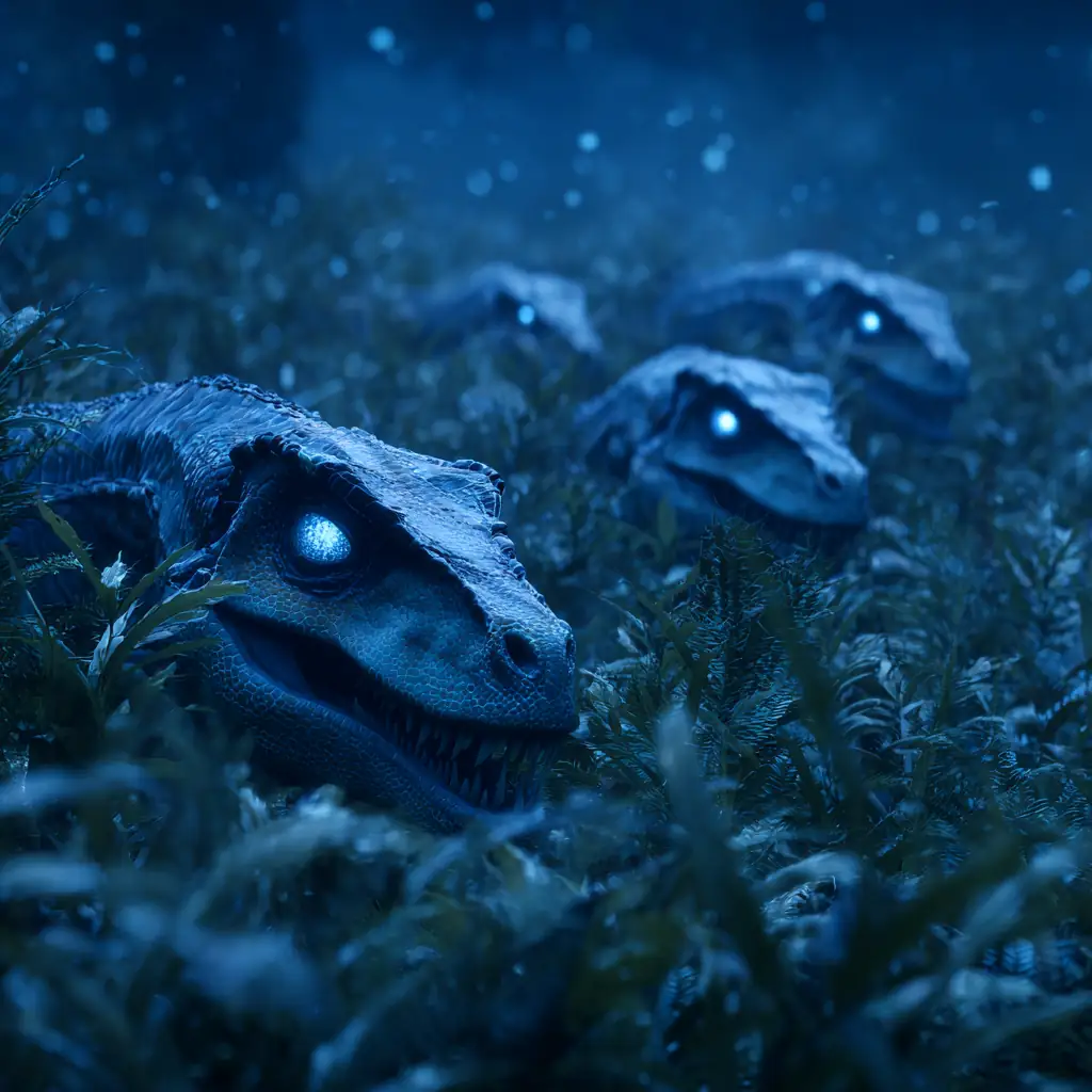 Four raptor-like creatures with glowing blue eyes lurking low in alien vegetation under falling snow or mist, eerie and predatory atmosphere.