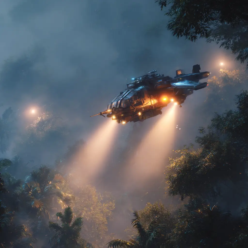 Futuristic dropship descending through a foggy alien jungle, searchlights cutting through the mist and illuminating the treetops below.