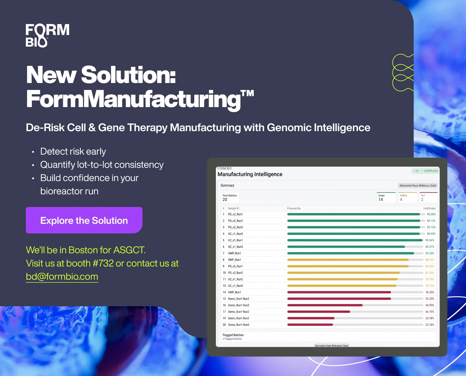 FormBio ad for new FormManufacturing™ solution to de-risk cell and gene therapy manufacturing with genomic intelligence, showing batch progress bars and health index percentages.