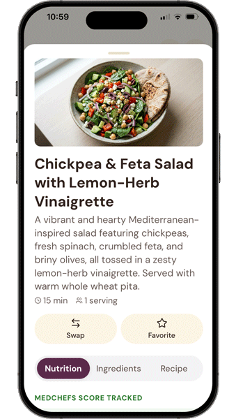 MedChefs app screen showing a Chickpea & Feta salad recipe.
