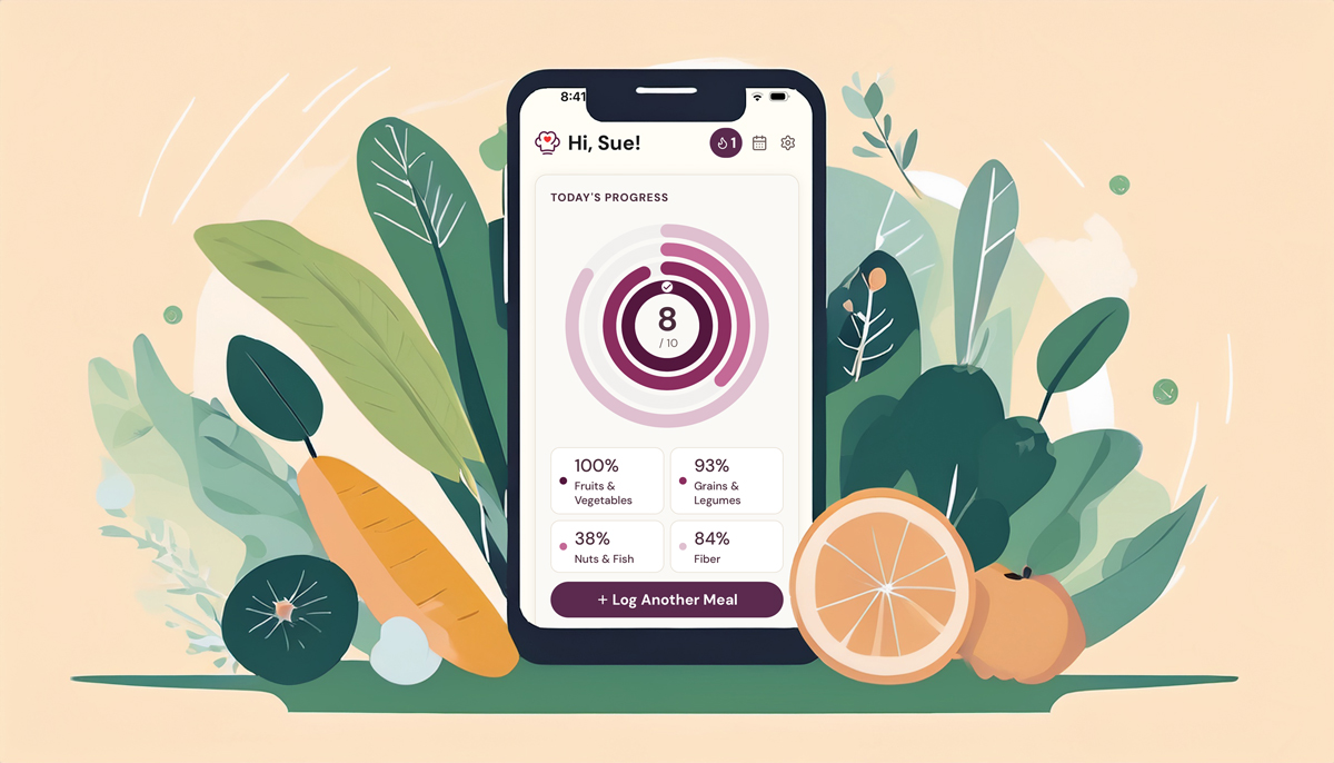 Illustration showing the MedChefs home screen rings. Background of fruits and vegetables