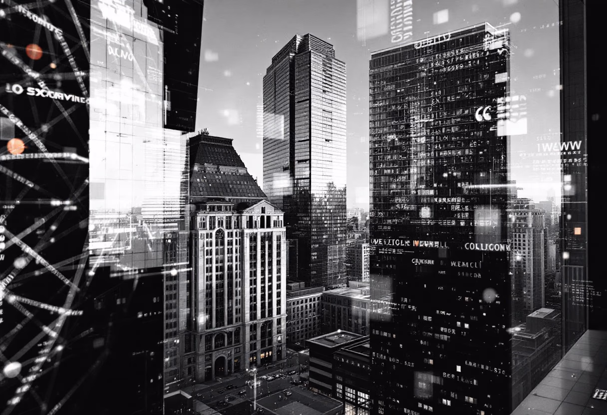 image of a cityscape with digital overlays (for a web development agency)