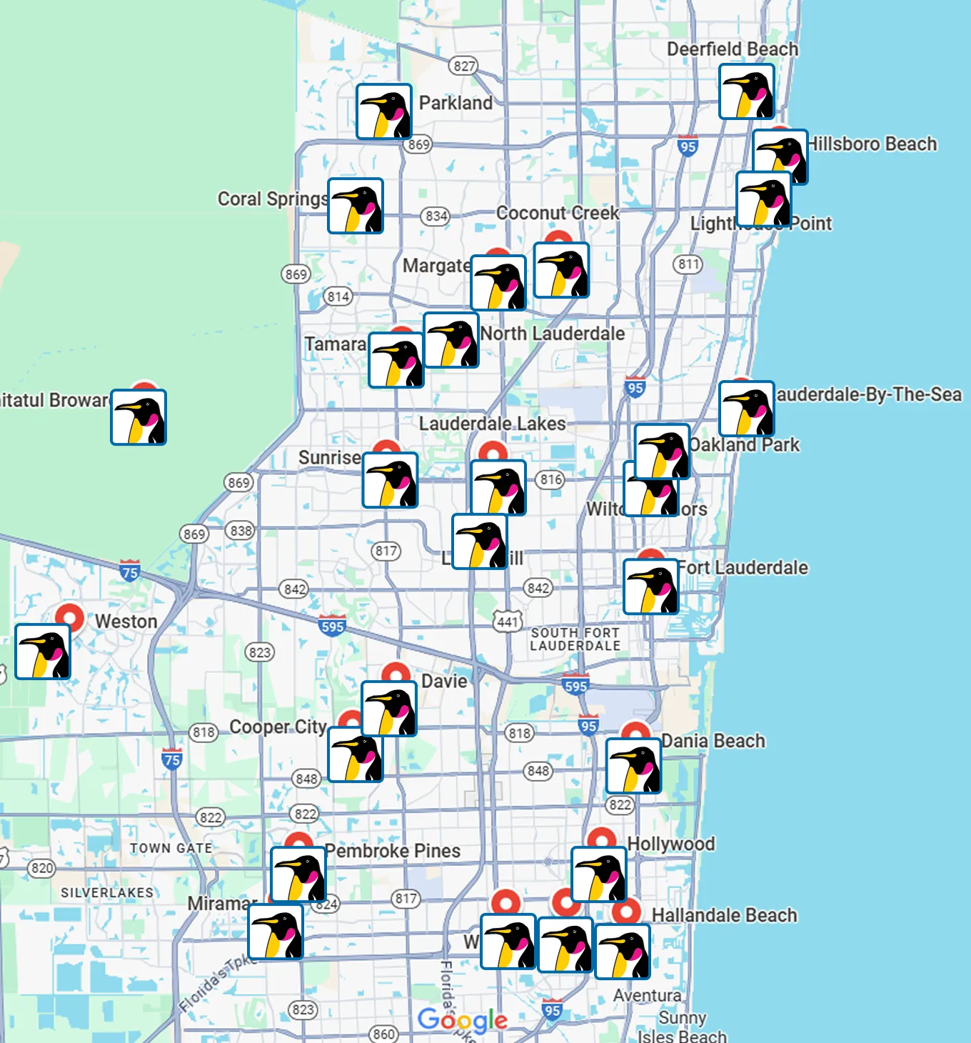 Map of Broward County, Florida, showing multiple locations marked with penguin icons.