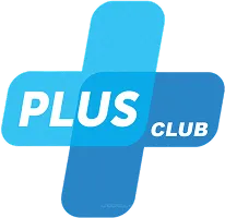 Logo of Plus Club with white text on overlapping light and dark blue plus signs.
