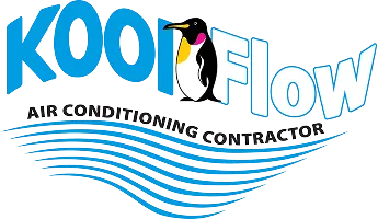 Logo for Kooi Flow air conditioning contractor featuring a penguin and blue wave lines.