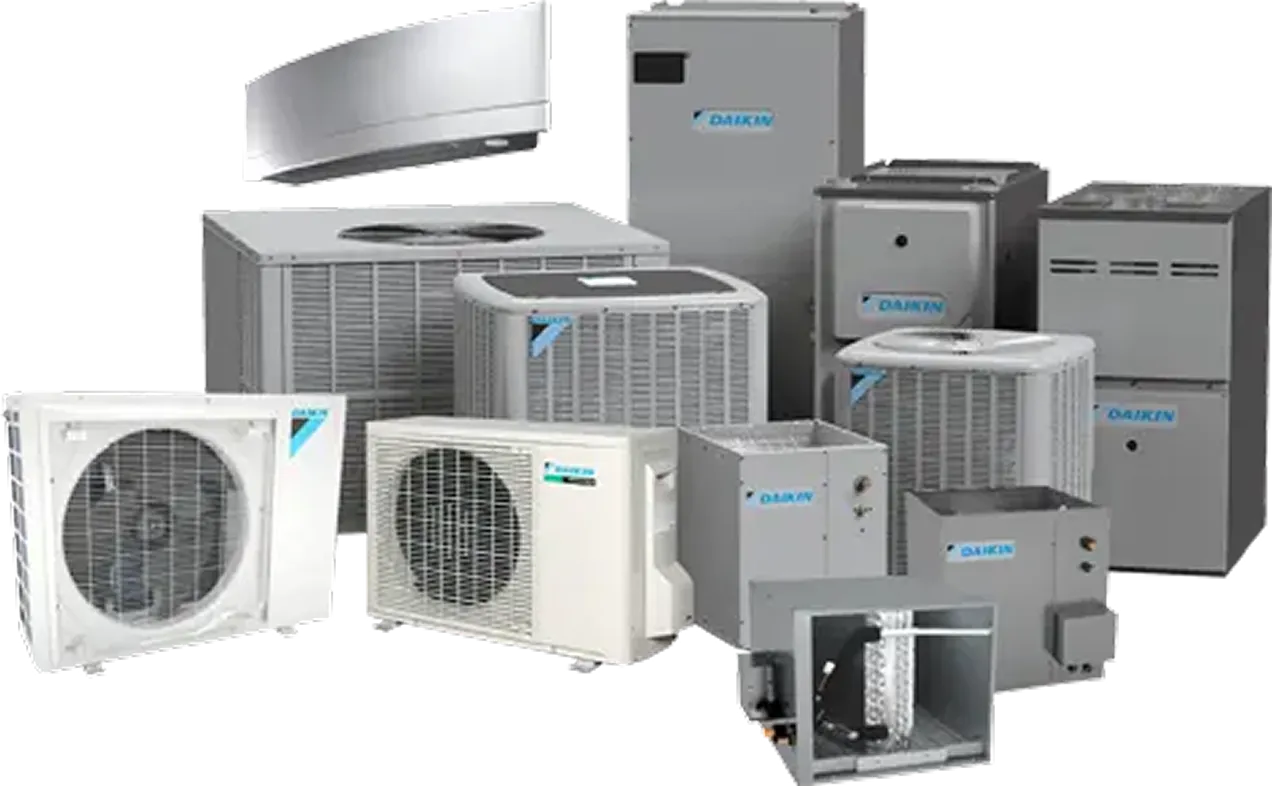 Assortment of Daikin HVAC units and components including air conditioners, heat pumps, and air handlers.